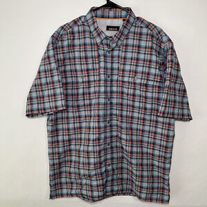 Orvis Short Sleeve Button Down Shirt Mens Large Blue Orange Plaid Vented Camp
